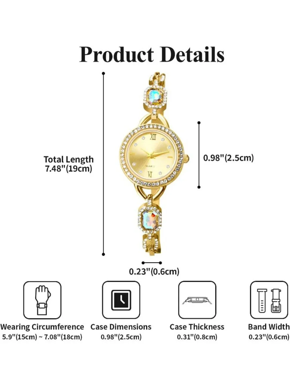 Women's Gold Analog Quartz Elegant Round Dial Cubic Zirconia Faux Diamond Watch